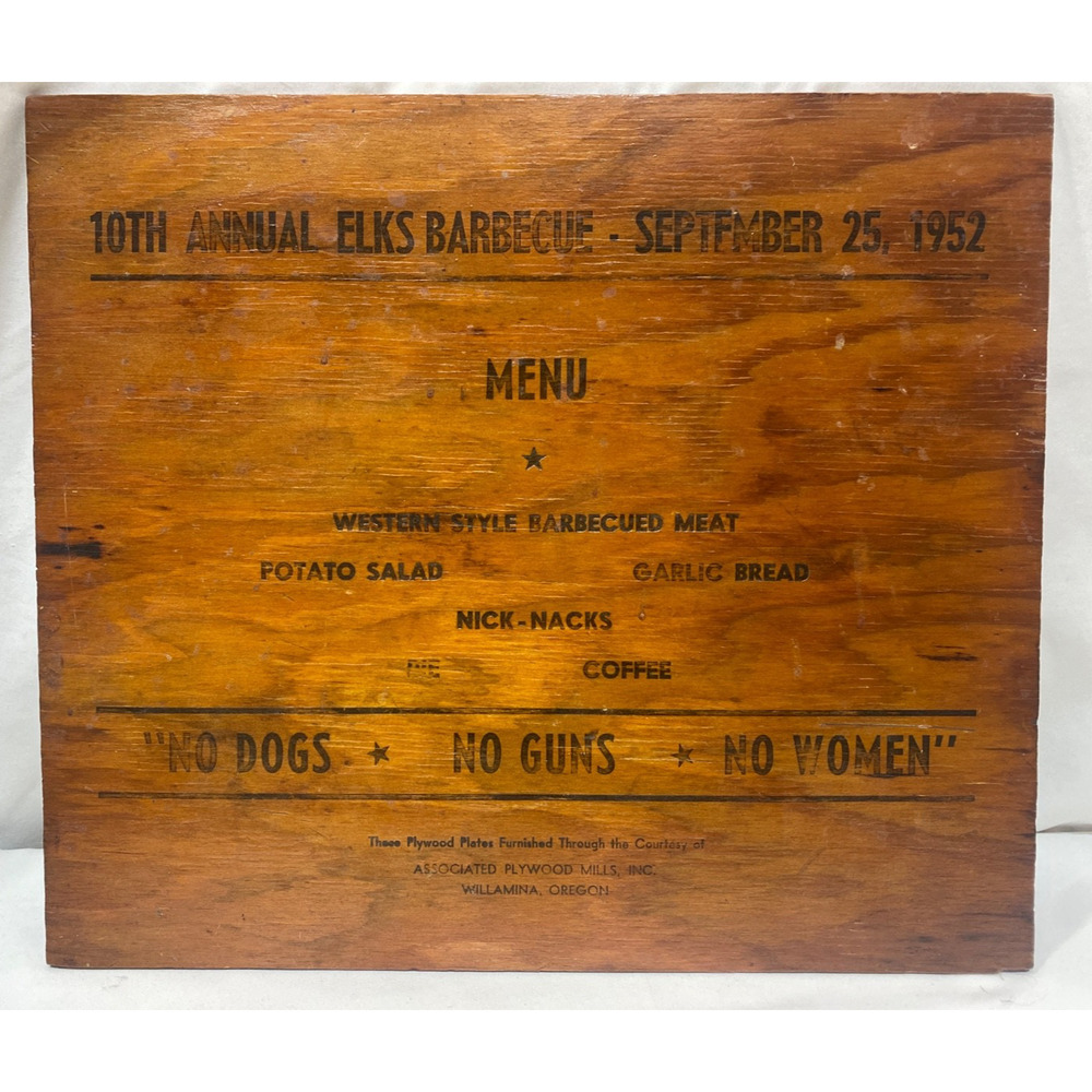 ELKS Barbecue 1952 Menu on Wood Board Willamina OR No Guns No Dogs No Women